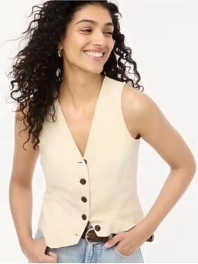 J. Crew Cream Linen-Blend Button Front Vest